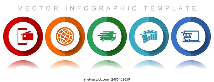 Commerce vector icon collection, miscellaneous icons such as credit card, globe, truck, storage and online shop, flat design infographic template in eps 10