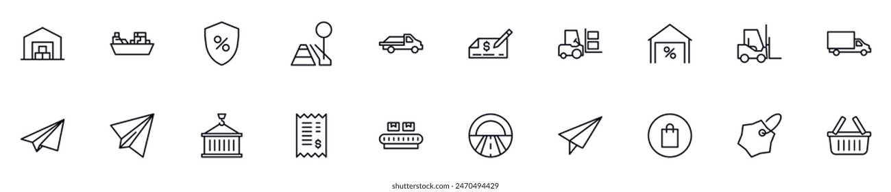 Iconos de contorno de Vector de comercio dibujados con una línea fina negra. Trazo editable. Ilustración lineal simple que se puede utilizar como elemento de diseño para App y Sitios web 