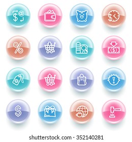 Commerce white contour icons on the color of glowing buttons.