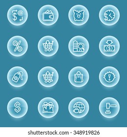 Commerce white icons with luminous buttons on blue background.