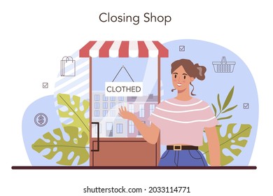 Commercial Activities. Entrepreneur Closing Down A Store. Financial Crisis Or Start Up Fail. Concept Of Owning A Shop, Becoming An Owner, Retail And Commercial Property. Flat Vector Illustration