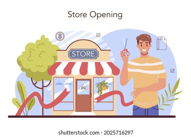 Actividades comerciales. Emprendedor abriendo una tienda. Concepto de propiedad de una tienda, convertirse en propietario, venta al por menor y propiedad comercial. Ilustración vectorial plana