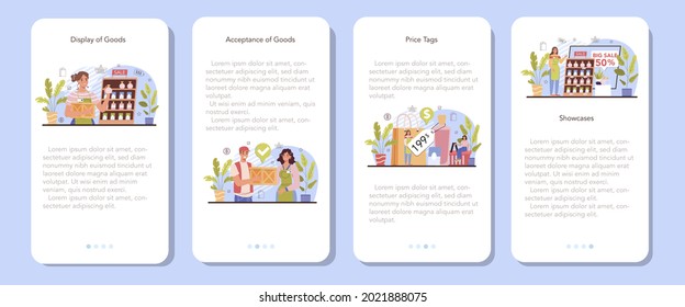 Juego de banners para aplicaciones móviles de actividades comerciales. Emprendedor poniendo productos en vitrinas. Recibir productos de los proveedores. Marketing y política de precios. Ilustración vectorial plana