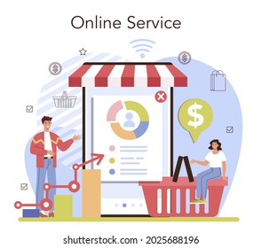 Commercial activities online service or platform. Entrepreneur tracking demand of goods. Products packaging for distribution. Flat vector illustration