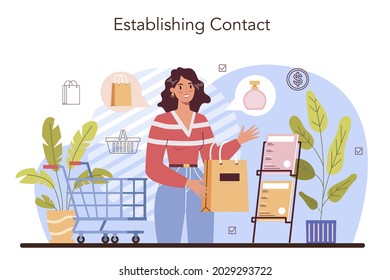 Commercial activities process. Establishing a contact with a customer. Customer's needs analysis and targeting. Entrepreneurship strategy and business management. Flat vector illustration