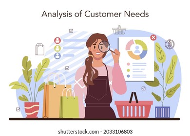Commercial activities process. Establishing a contact with a customer. Customer's needs analysis and targeting. Entrepreneurship strategy and business management. Flat vector illustration