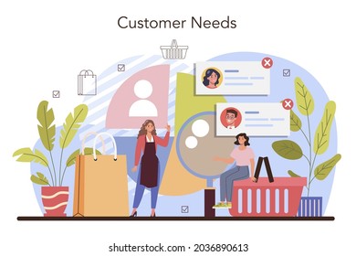 Commercial activities process. Establishing a contact with a customer. Customer's needs analysis and targeting. Entrepreneurship strategy and business management. Flat vector illustration