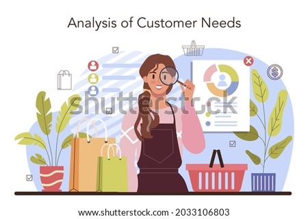Commercial activities process. Establishing a contact with a customer. Customer's needs analysis and targeting. Entrepreneurship strategy and business management. Flat vector illustration