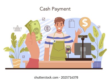 Commercial activities process. Moderm payment system. Cash payment and contactless payment by card. Transaction software, entrepreneurship banking service. Flat vector illustration