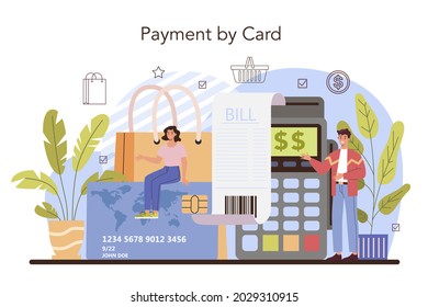 Commercial activities process. Moderm payment system. Cash payment and contactless payment by card. Transaction software, entrepreneurship banking service. Flat vector illustration
