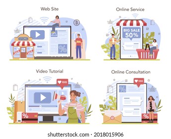 Las actividades comerciales procesan servicios en línea o conjuntos de plataformas. Programa de descuento, promoción y lealtad. Desarrollo del programa de marketing. Consulta en línea, video tutorial, sitio web. Ilustración del vector