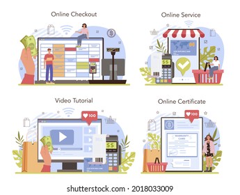 Las actividades comerciales procesan servicios en línea o conjuntos de plataformas. Sistema de pago moderno. Pago en efectivo y sin contacto por tarjeta. Desprotección en línea, certificado, tutorial de vídeo. Ilustración vectorial plana