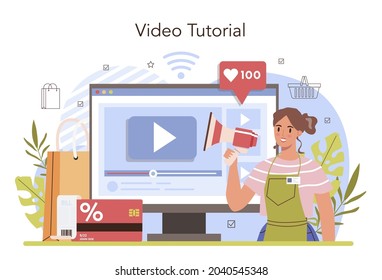 Las actividades comerciales procesan el servicio o plataforma en línea. Programa de descuento, promoción y lealtad. Desarrollo del programa de marketing. Tutorial de vídeo. Ilustración del vector