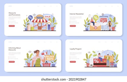 Commercial activities process web banner or landing page set. Discount, promotion and loyalty program. Marketing program development for client retention. Flat vector illustration