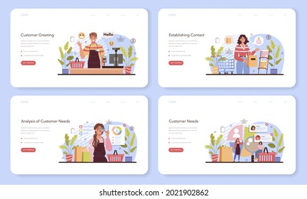 Banner de la página web del proceso de actividades comerciales o conjunto de páginas de aterrizaje. Establecer un contacto con un cliente. Análisis de las necesidades y objetivos del cliente. Estrategia de emprendimiento. Ilustración vectorial plana