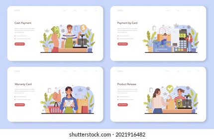 Commercial activities process web banner or landing page set. Moderm payment system. Cash payment and contactless payment by card. Entrepreneurship banking service. Flat vector illustration