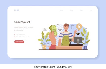 Commercial activities process web banner or landing page. Moderm payment system. Cash payment and contactless payment by card. Entrepreneurship banking service. Flat vector illustration