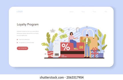 Commercial activities process web banner or landing page. Discount, promotion and loyalty program. Marketing program development for client retention. Flat vector illustration