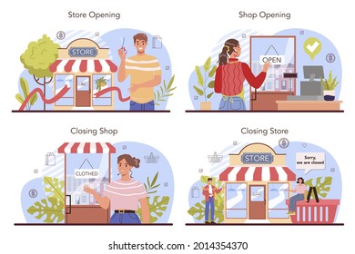 Commercial activities set. Entrepreneur opening or closing down a store. Concept of owning a shop, becoming an owner, retail and commercial property. Flat vector illustration