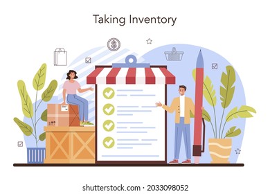 Commercial activities. Store inventory, entrepreneur stocktaking goods on showcases. Warehouse security. Retailing process, store protection service. Flat vector illustration