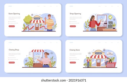Commercial activities web banner or landing page set. Entrepreneur opening or closing down a store. Owning a shop, becoming an owner, retail and commercial property. Flat vector illustration