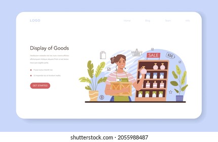 Commercial activities web banner or landing page. Entrepreneur putting goods on showcases. Receiving products from suppliers. Marketing and price politics. Flat vector illustration