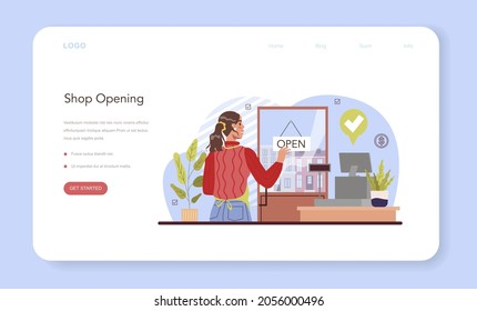 Commercial Activities Web Banner Or Landing Page. Entrepreneur Opening A Store. Concept Of Owning A Shop, Becoming An Owner, Retail And Commercial Property. Flat Vector Illustration