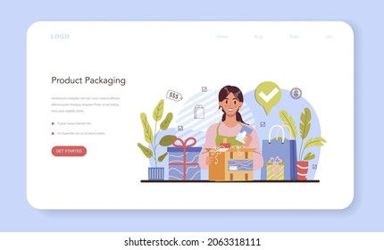 Commercial activities web banner or landing page. Products packaging for selling and international distribution. Entrepreneur using eco friendly packaging for goods. Retailing process.