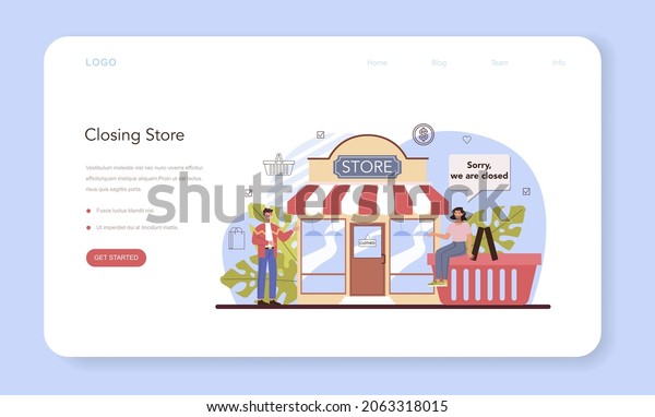 Commercial activities web banner or\
landing page. Entrepreneur closing down a store. Financial crisis\
or start up fail. Commercial property. Flat vector\
illustration