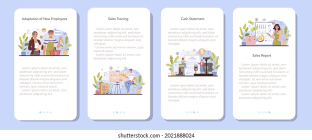 Commercial activity mobile application banner set. Sales stimulation for comercial profit. Training for new employee. Sales reporting for business plan development. Flat vector illustration