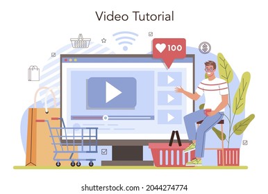 Commercial activity online service or platform. Sales stimulation for comercial profit. Training for new employee. Video tutorial. Flat vector illustration