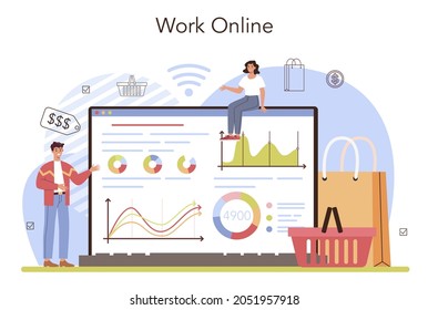 Commercial activity online service or platform. Sales stimulation for comercial profit. Training for new employee. Online work. Flat vector illustration