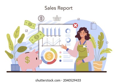 Commercial activity. Sales reporting for business plan development. Sales stimulation for comercial profit. Business planning, financial optimization. Flat vector illustration