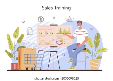 Commercial activity. Sales stimulation for comercial profit. Training for employees. Staff management, empolyee development. Flat vector illustration