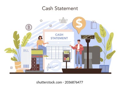 Commercial activity. Sales stimulation for comercial profit. Training for new employee. Sales reporting for business plan development. Flat vector illustration