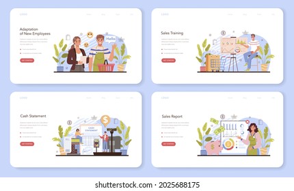 Commercial activity web banner or landing page set. Sales stimulation for comercial profit. Training for new employee. Sales reporting for business plan development. Flat vector illustration