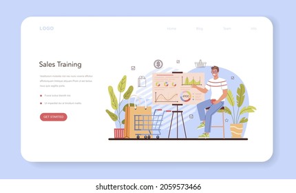 Commercial activity web banner or landing page. Sales stimulation for comercial profit. Training for employees. Staff management, empolyee development. Flat vector illustration