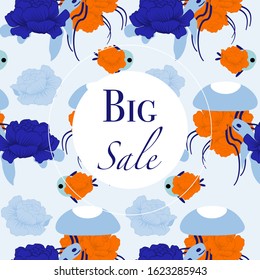 commercial ad banner with blue turtle and jellyfish and orange flower, perfect for your sales promotions