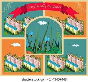 Commercial and advertising concept of eco-friendly residence. A fragment of nature surrounded by residential areas. Vector illustration