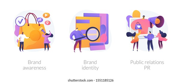 Commercial advertising service, company recognition, public relations management icons set. Brand awareness, brand identity, pr metaphors. Vector isolated concept metaphor illustrations