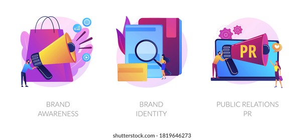 Commercial advertising service, company recognition, public relations management icons set. Brand awareness, brand identity, pr metaphors. Vector isolated concept metaphor illustrations