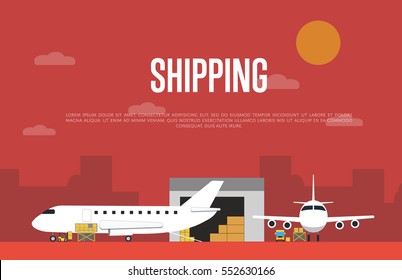 Commercial air shipping service banner vector illustration. Forklift truck loading cargo jet airplane and freight truck in airport terminal. Delivery transportation company, worldwide cargo airlines