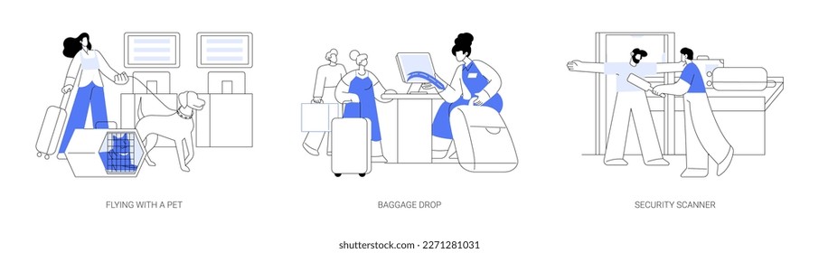 Commercial air transport abstract concept vector illustration set. Flying with a pet, baggage drop, security scanner, metal detector, checks-in on the plane, departure and arrival abstract metaphor.