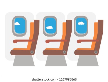 Commercial aircraft cabin. Rows of seats down the aisle. Vector illustration with white background.