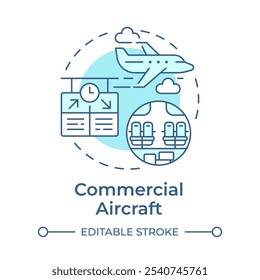 Commercial aircraft soft blue concept icon. Airline company, aviation services. Round shape line illustration. Abstract idea. Graphic design. Easy to use in infographic, presentation