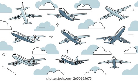 Aviões comerciais voando através de nuvens um delicioso padrão de aviação