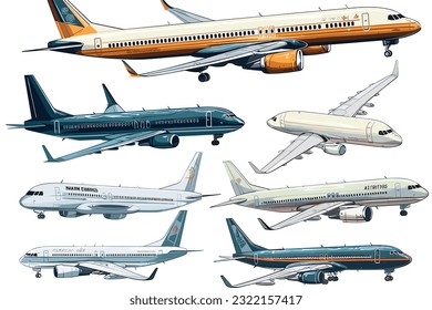 Commercial Airliners set of silhouettes vector art illustration on white background.