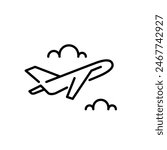 Commercial airplane climbing between clouds. Joy of flying and traveling. Editable stroke vector icon