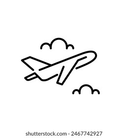 Commercial airplane climbing between clouds. Joy of flying and traveling. Editable stroke vector icon