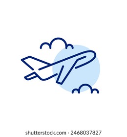 Commercial airplane climbing between clouds. Joy of flying and traveling. Pixel perfect vector icon